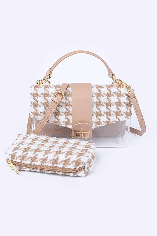Houndstooth pattern handbag with clear front section on a white background