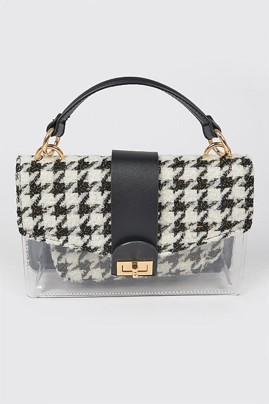 Handbag with houndstooth pattern and clear front panel on a white background