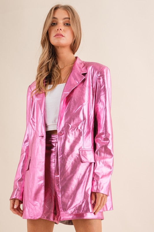 Pink Metallic Single Blazer with Shorts Set