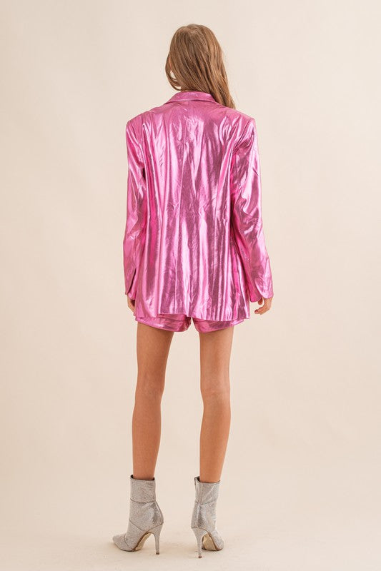 Pink Metallic Single Blazer with Shorts Set
