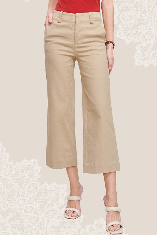 Tan Soft Wash Rolla Pants with Stretchy Fabric, High Rise Fit, Button Closure at Front, Wide Leg that Hits Above the Ankle.