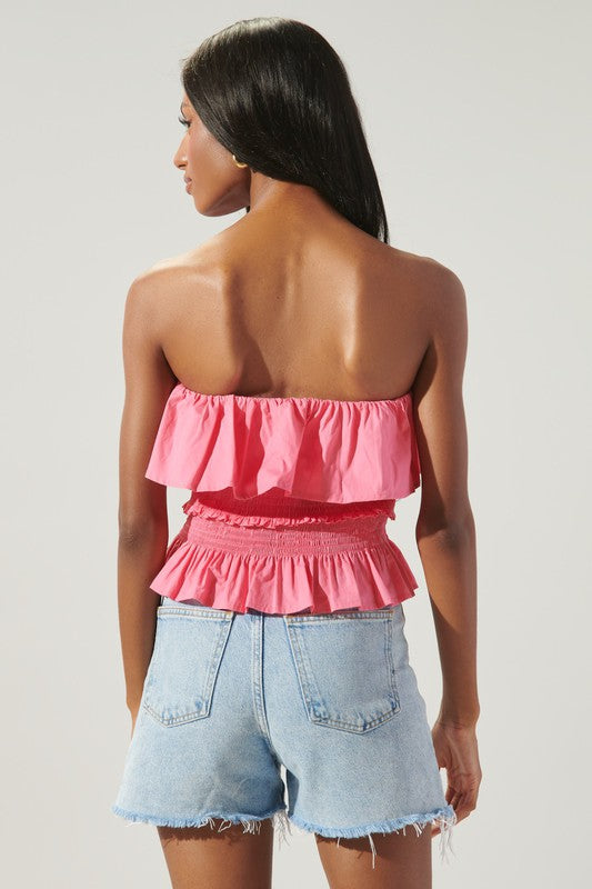 Pink Smocked Ruffle Tube Top 100% Cotton Peplum Design
