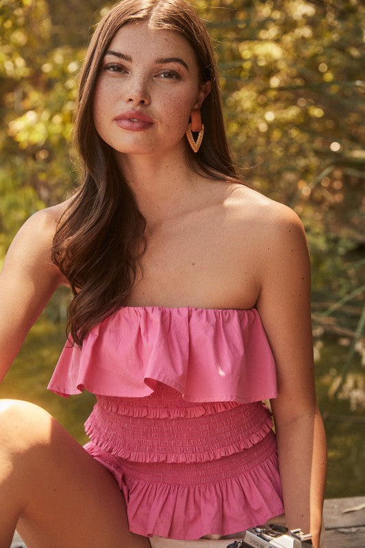 Pink Smocked Ruffle Tube Top 100% Cotton Peplum Design