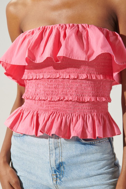 Pink Smocked Ruffle Tube Top 100% Cotton Peplum Design