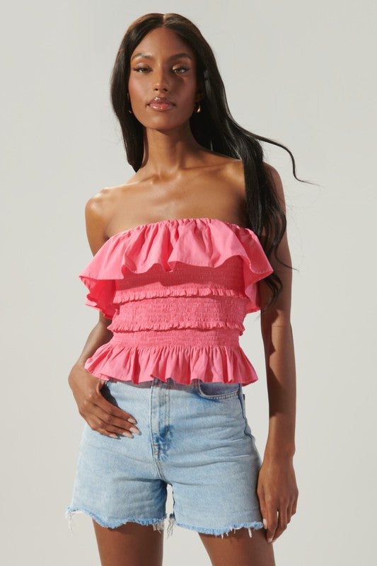 Pink Smocked Ruffle Tube Top 100% Cotton Peplum Design