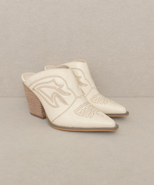 White Western Inspired Heeled Mule with Embroidery Detail and Pointed Toe