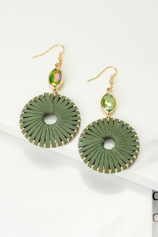 Sage Suede Braided Hoop Drop Earring. Top by a Faceted Gem Bead