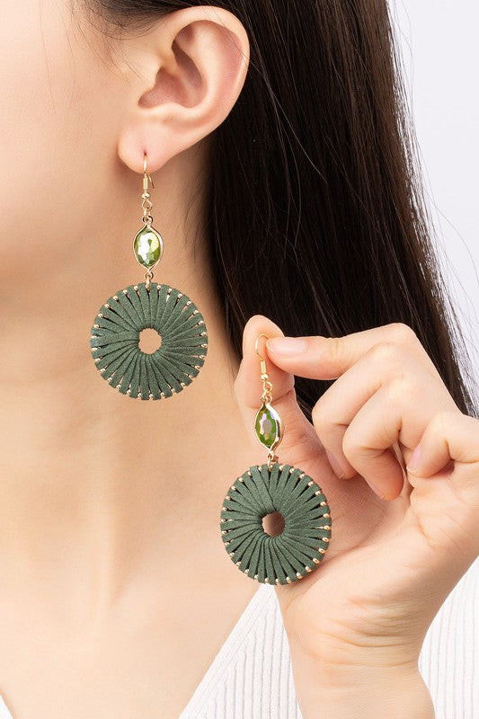 Sage Suede Braided Hoop Drop Earring. Top by a Faceted Gem Bead