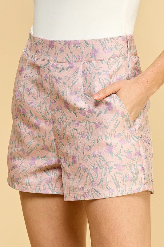 Lavender Floral High Waisted Shorts with Fitted Waistband and Slanted Side Pockets