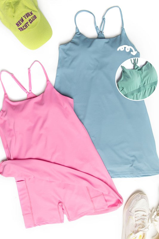 Blue and Pink Active Tennis Cami Mini Dress with Unitard Liner Racerback and Side Pockets. Elastic Waistband and Removable Bra Cups.