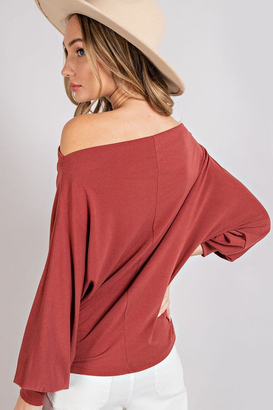 Marsala One Shoulder Top Stretch Fabric and Elastic Banded Sleeve Hem