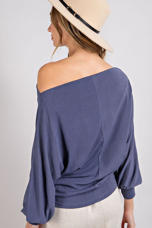 Slate Blue One Shoulder Top Stretch Fabric and Elastic Banded Sleeve Hem