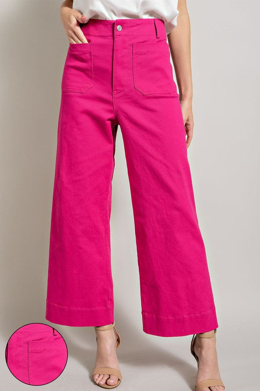 Hot Pink Soft Washed Wide Leg Pants with Button Closure and Two Front Pockets.