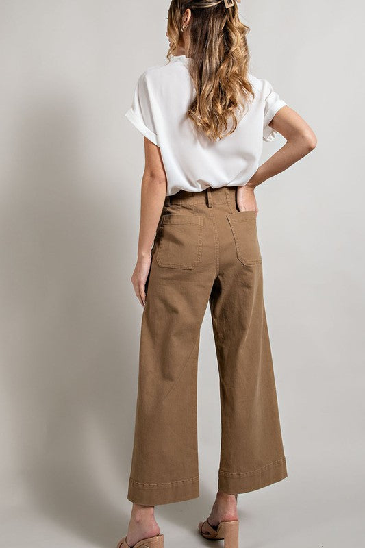 Coco Soft Washed Wide Leg Pants with Button Closure and Two Front Pockets.