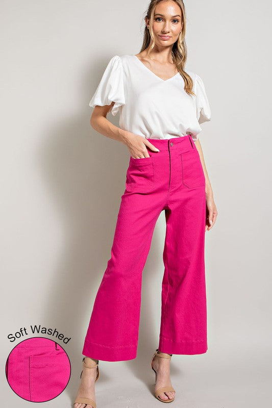 Hot Pink Soft Washed Wide Leg Pants with Button Closure and Two Front Pockets.