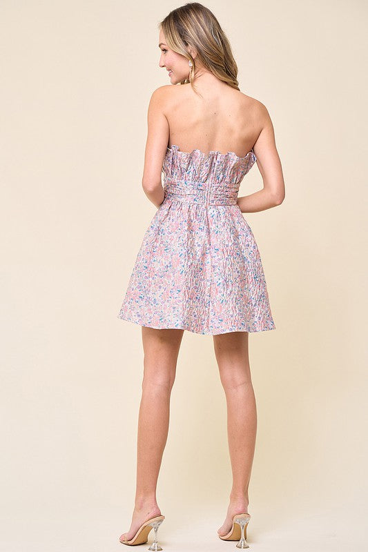 Lavender Multi Strapless Jacquard Floral Dress Above Knee Length