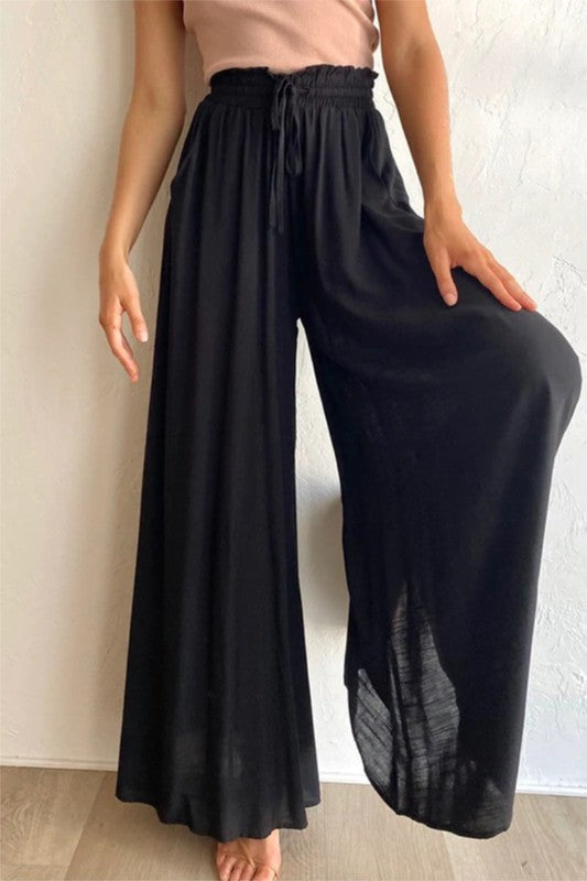 Black Palazzo Pant Wide Leg Baggy Fit with Draw String Waistline 68% Cotton 15% Viscose 15% Polyester 2% Spandex