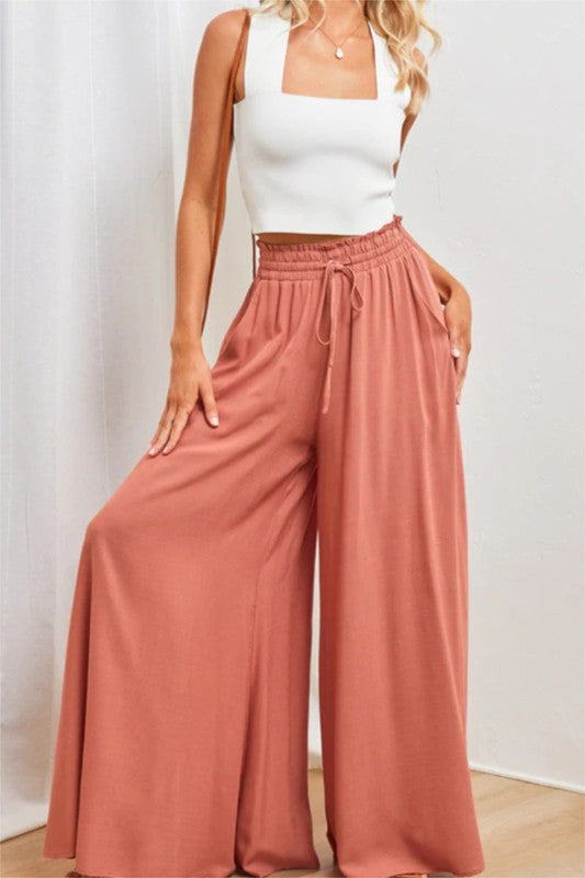 Coral Palazzo Pant Wide Leg Baggy Fit with Draw String Waistline 68% Cotton 15% Viscose 15% Polyester 2% Spandex
