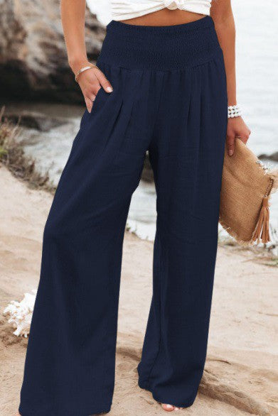Navy Palazzo Pant Wide Leg with Baggy Linen Sets Two Pockets and Smocked Waistline