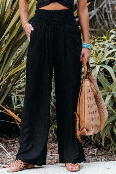 Black Palazzo Pant Wide Leg with Baggy Linen Sets Two Pockets and Smocked Waistline
