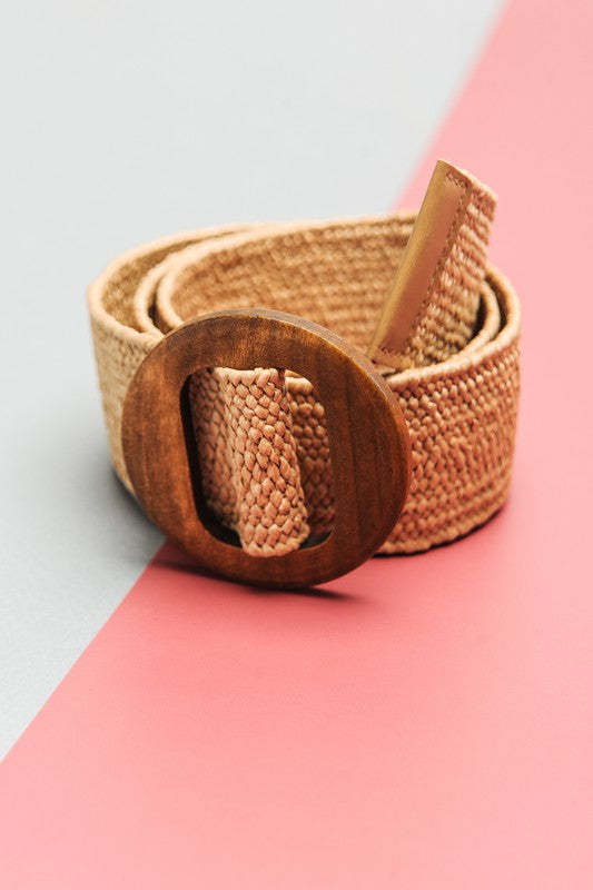 Tan Wooden Buckle Rattan Stretch Waist Belt Fully Adjustable One Size