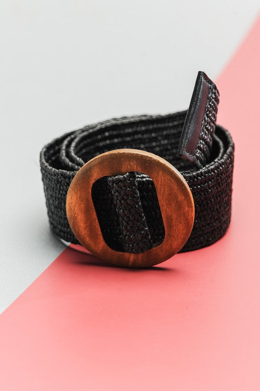 Black Wooden Buckle Rattan Stretch Waist Belt Fully Adjustable One Size