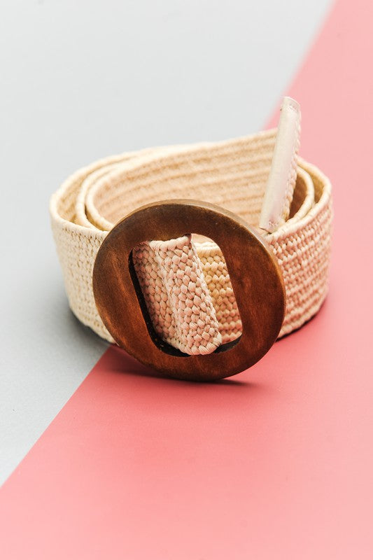White Wooden Buckle Rattan Stretch Waist Belt Fully Adjustable One Size