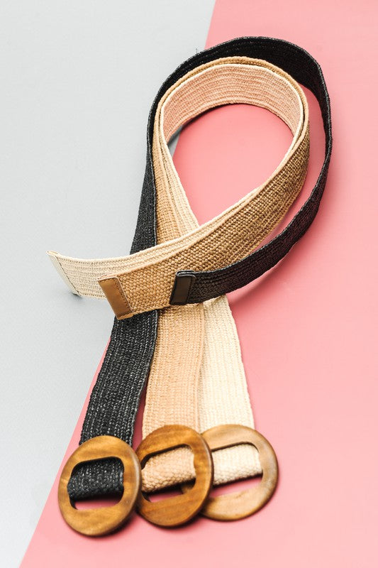 Wooden Buckle Rattan Stretch Waist Belt Fully Adjustable One Size
