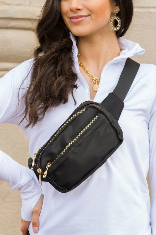 Black Sling Belt Bag Adjustable Strap Gold Clasp Closure Material Nylon