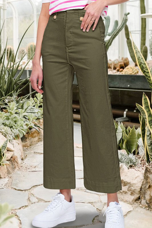 Olive Soft Wash Rolla Pants with Stretchy Fabric, High Rise Fit, Button Closure at Front, Wide Leg that Hits Above the Ankle.