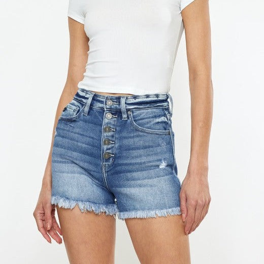 Dark Wash Denim Shorts Exposed Button Side Slit Details and a Frayed Hem 