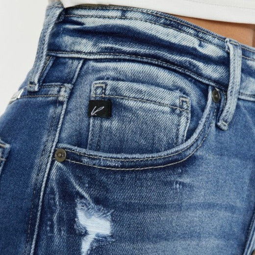 Dark Wash Denim Shorts Exposed Button Side Slit Details and a Frayed Hem