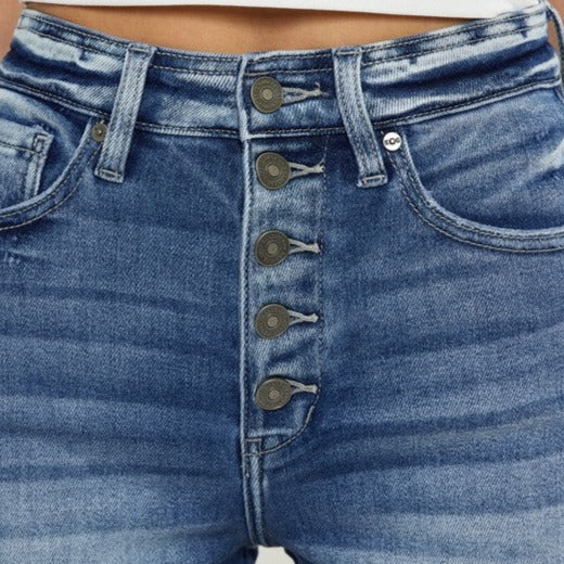 Dark Wash Denim Shorts Exposed Button Side Slit Details and a Frayed Hem