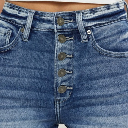 Dark Wash Denim Shorts Exposed Button Side Slit Details and a Frayed Hem
