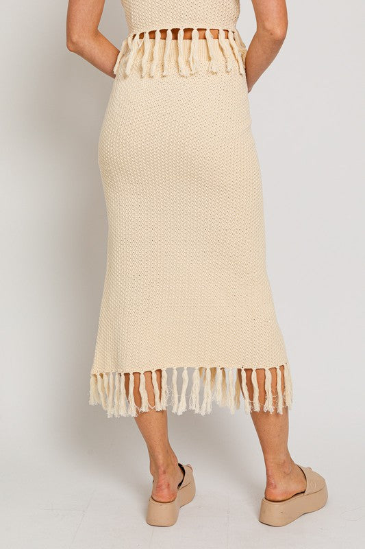 Cream Boho Tassel Sweater Midi Skirt with Slit