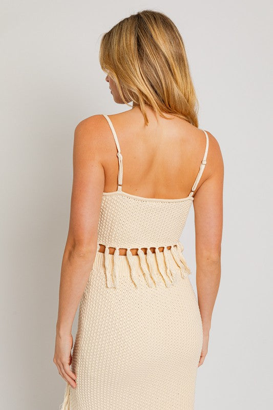 Cream Spaghetti Sweater Crop Top with Tassels