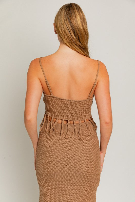Taupe Spaghetti Sweater Crop Top with Tassels