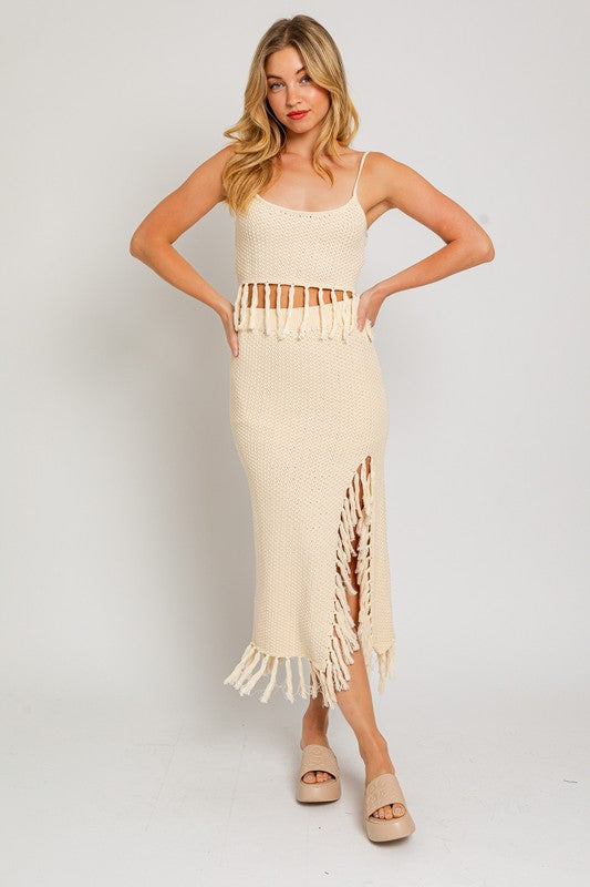 Cream Spaghetti Sweater Crop Top with Tassels
