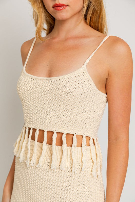Cream Spaghetti Sweater Crop Top with Tassels