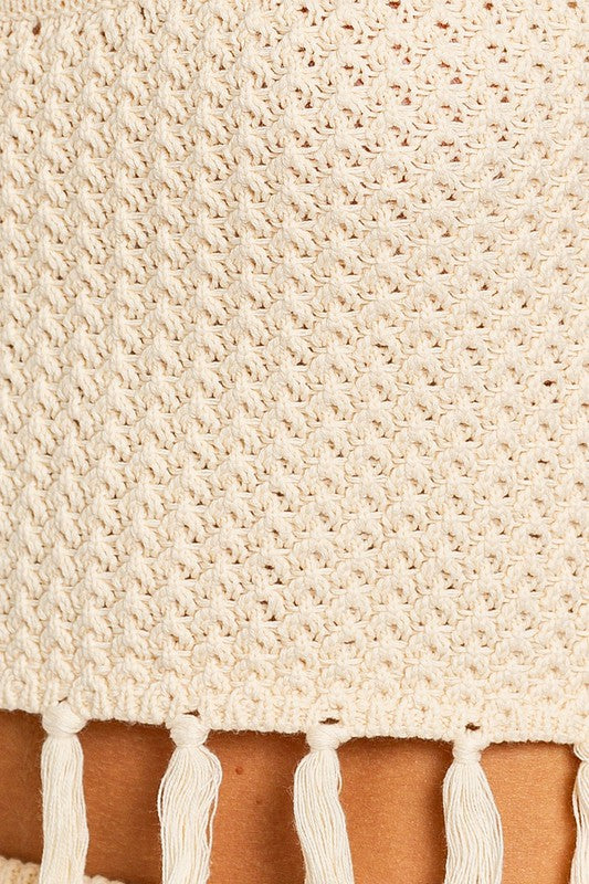 Cream Spaghetti Sweater Crop Top with Tassels