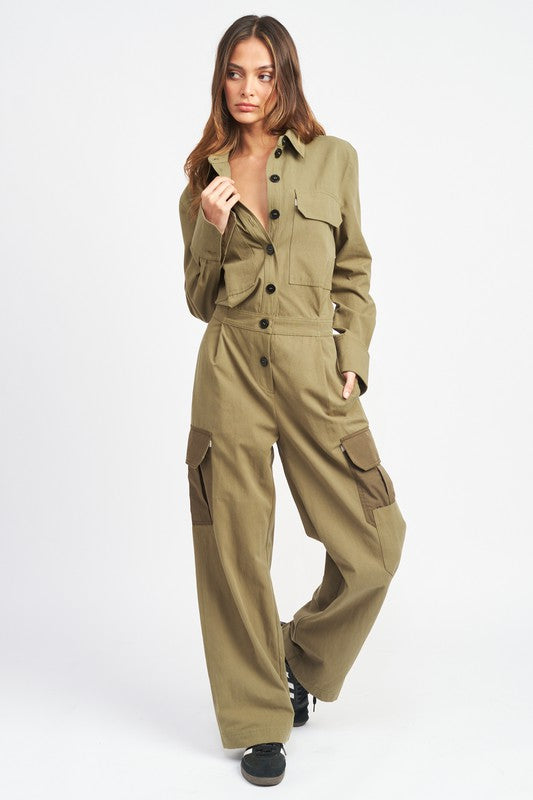 Olive Botton Down Cargo Jumpsuit With Pockets