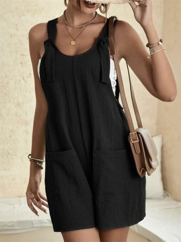 Black Front Pocket Patched Overall Romper Linen Material and Adjustable Tie Straps