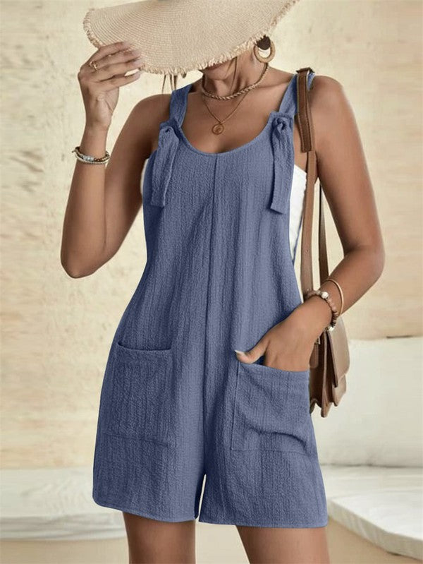 Blue Front Pocket Patched Overall Romper Linen Material and Adjustable Tie Straps