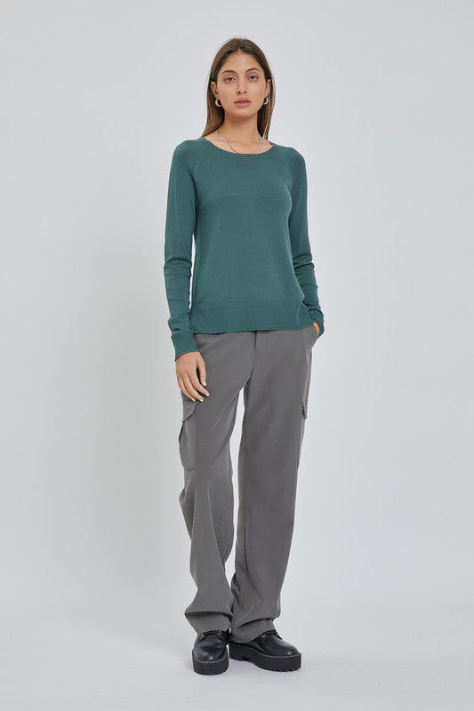 Hunter Round Neck Sweater Long Sleeves and Side Slits with Ribbed Ends.