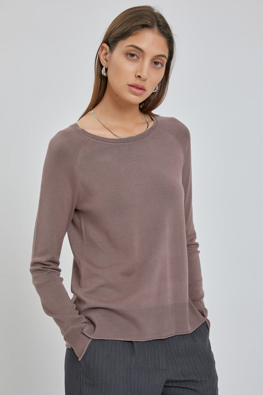 Choco Round Neck Sweater Long Sleeves and Side Slits with Ribbed Ends.