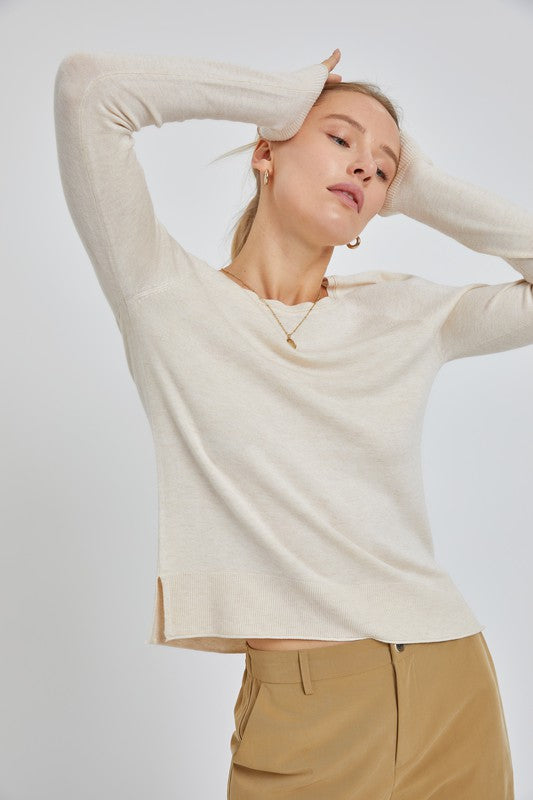 Oatmeal Round Neck Sweater Long Sleeves and Side Slits with Ribbed Ends.