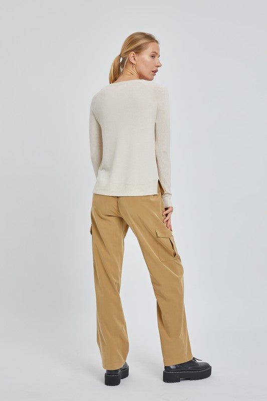 Oatmeal Round Neck Sweater Long Sleeves and Side Slits with Ribbed Ends.