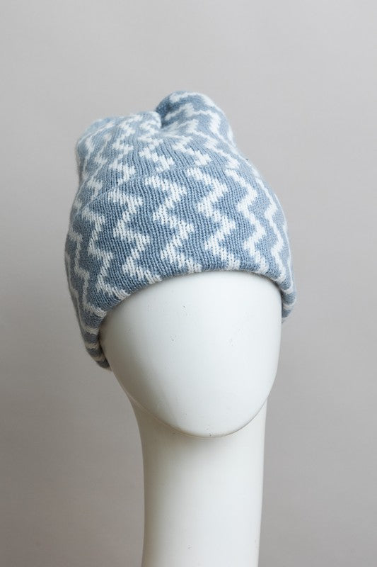 Blue and white patterned knit hat on a mannequin head against a gray background