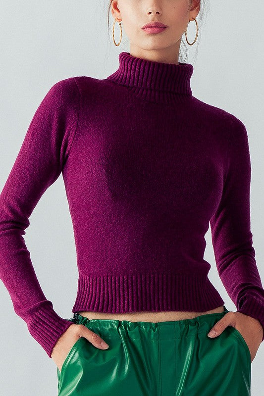 Violet turtle neck, long sleeve, knit top with ribbed, ham, and semi cropped length