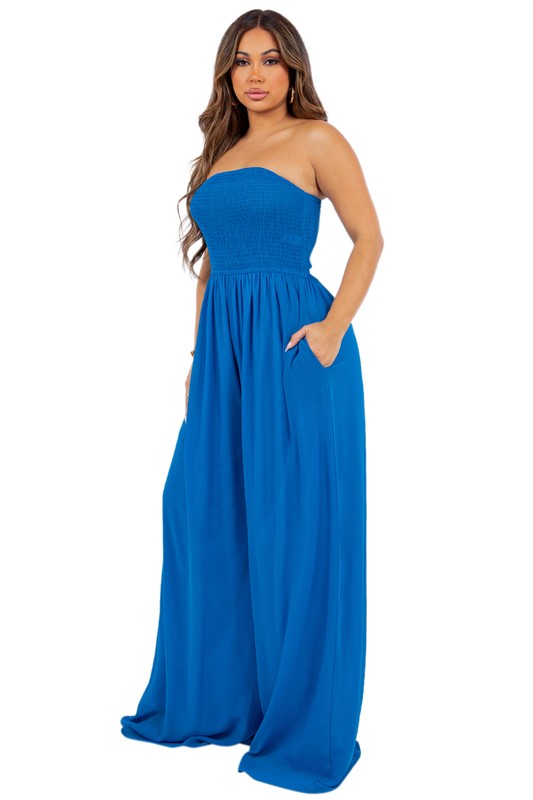 Blue Sleeveless Jumpsuit Wide Leg Pants